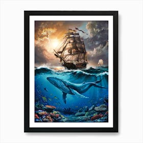 Sailing Ship with Underwater World. Oil Painting #3 Art Print