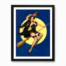 Witch Riding A Broomstick Pin Up Girl, Halloween, Full Moon, Retro Vintage Art Art Print