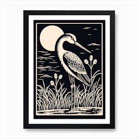 B&W Bird Linocut Stork 1 Art Print