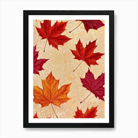 Autumn Themed Wallpaper Showcasing A Sun Drenched Group Of Maple Leaves In Varying Shades Of Red Or (2) Art Print