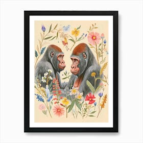 Folksy Floral Animal Drawing Gorilla Art Print