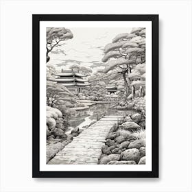 Rikugien Garden In Tokyo, Ukiyo E Black And White Line Art Drawing 1 Art Print