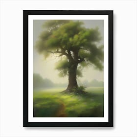 Oak tree, fine work of art, misty atmosphere, green meadow..5 Art Print