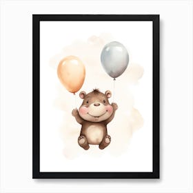 Baby Hippopotamus Flying With Ballons, Watercolour Nursery Art 1 Art Print