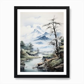 The Japanese Alps In Multiple Prefectures, Japanese Brush Painting, Sumi E, Minimal 1 Art Print