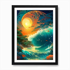 Ocean Wave At Night ~ The Great Barrier Reef Seascape Imagined Visionary Psychedelic Mandala Fractals Fantasy Artwork Sun Moon Yoga Spiritual Awakening Meditation Wall Room Decor Art Print