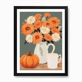 Pitcher With Sunflowers, Atumn Fall Daisies And Pumpkin Latte Cute Illustration 7 Art Print