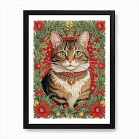 William Morris Style Christmas Cat (3) Art Print