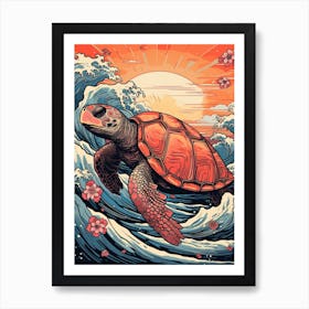 Turtle Animal Drawing In The Style Of Ukiyo E 2 Art Print