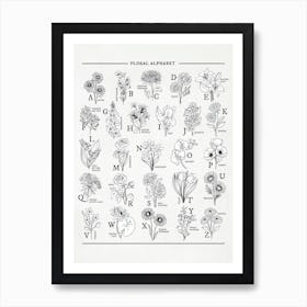 Floral Alphabet Black & White Sketch Art Print