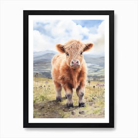 Cute Watercolour Portrait Of Highland Cow Calf 3 Art Print