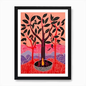 Pink And Red Plant Illustration Rubber Tree 2 Art Print