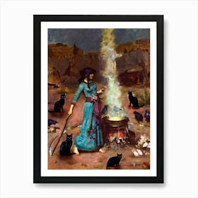 The Magic Circle Witches Art With Added Black Cats for Witchy Feature Wall - John William Waterhouse Antique Famous Funny Cat Witch Art Print
