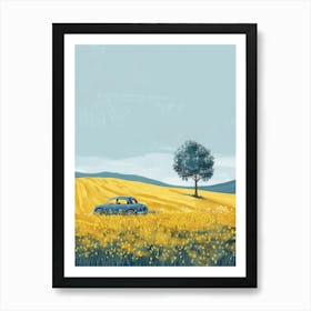 Blue Car In A Yellow Field Canvas Print Art Print