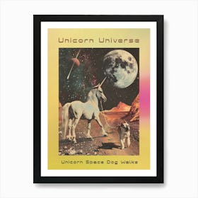 Retro Unicorn Dog Walks In Space Poster Art Print