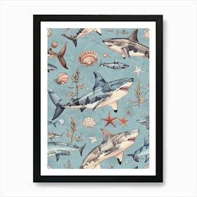 Pastel Blue Great White Shark Watercolour Seascape 3 Art Print