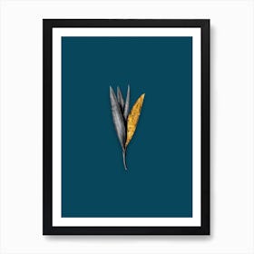 Vintage Autumn Crocus Black and White Gold Leaf Floral Art on Teal Blue n.0896 Art Print