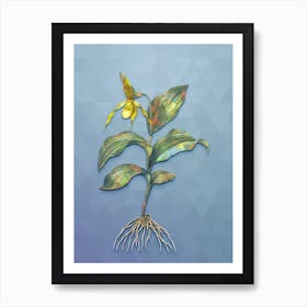 Vintage Yellow Lady's Slipper Orchid Botanical Art on Summer Song Blue n.0998 Art Print