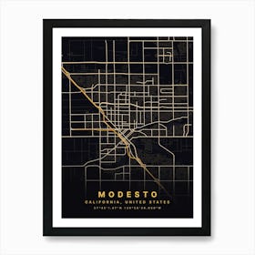 Modesto California USA Black And Gold Map Art Print