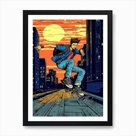 Skateboarding In New York, City United States Comic Style 1 Art Print