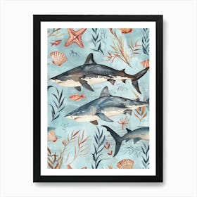 Pastel Blue Shark Watercolour Seascape Pattern 5 Art Print