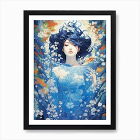 Asian woman in the heart of a spring garden Art Print