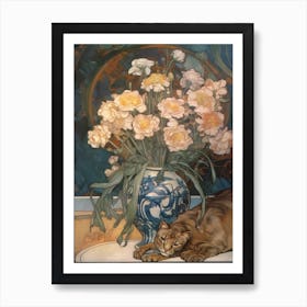 Lisianthus With A Cat 4 Art Nouveau Style Art Print