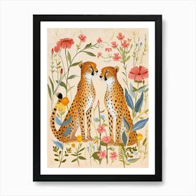 Folksy Floral Animal Drawing Jaguar Art Print