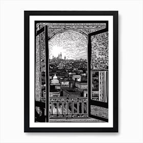 A Window View Of Marrakech In The Style Of Black And White  Line Art 3 Art Print