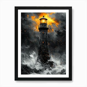 Lighthouse In The Storm, Romantic Monochrome Charcoal style Affiche