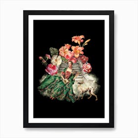 Marie Antoinette Sitting On Stairs With Dog And Flowers Art Print