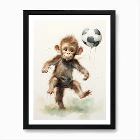 Monkey Painting Playing Soccer Watercolour 2 Art Print