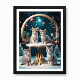 Christmas Kittens Sitting on Stand Art Print