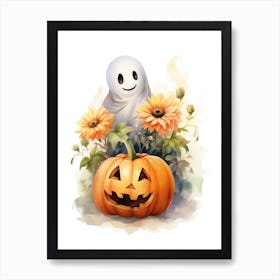 Cute Ghost With Pumpkins Halloween Watercolour 159 Art Print