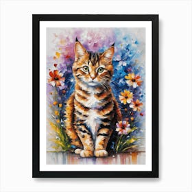 Tabby Cat Surrounded by Flowers Colorful Summer Painting | Gallery Wall Art in HD Art Print