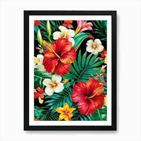 A Contemporary Tropical Floral Frame Highlighting A Variety Of Vivid Exotic Florals In Full Bloom (5) Art Print