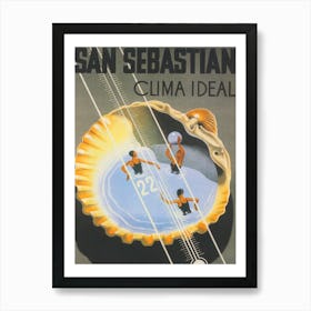 San Sebastian Spain, Whimsical Swimming Pool in Clam Shell, Vintage Travel Poster Art Print