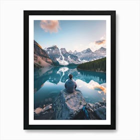 Man Sitting On Rock Overlooking Lake Art Print