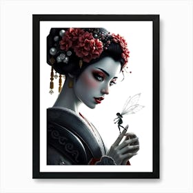 Geisha Hold Elf - Color Drawing Art Print