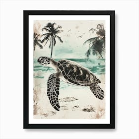 Sea Turtle & Palm Trees On The Beach 3 Art Print