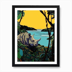 Rhino Relaxing In The Bushes Simple Illustration 3 Art Print