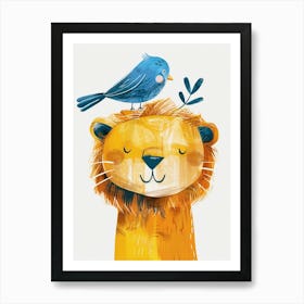 Small Joyful Lion With A Bird On Its Head 10 Póster