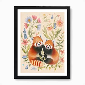 Folksy Floral Animal Drawing Red Panda 2 Art Print