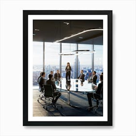 Confident Ceo Standing With Hands Intertwined At The Tables Edge Flanked By Attentive Team Members Art Print