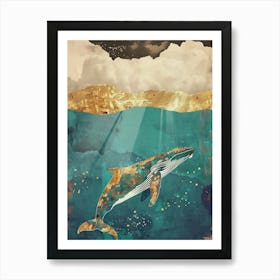 Whale Ocean Painting Gold Blue Effect Collage 3 Art Print