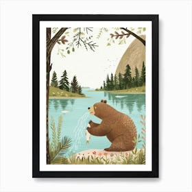 Brown Bear Catching Fish In A Tranquil Lake Storybook Illustration 2 Art Print