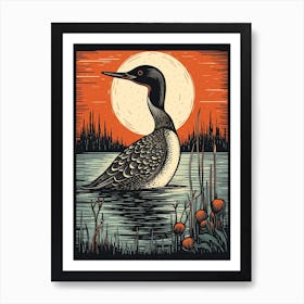 Vintage Bird Linocut Common Loon 4 Art Print