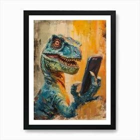 Dinosaur Taking A Selfie Orange Brushstrokes Art Print