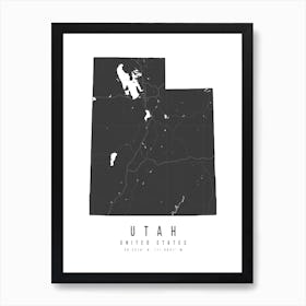 Utah Mono Black And White Modern Minimal Street Map Art Print