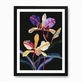 Neon Flowers On Black Monkey Orchid 3 Art Print